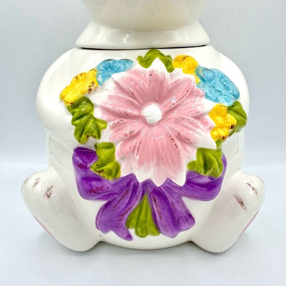 Pier 1 Imports China Easter Bunny Cookie Jar White Spring Flowers - Picture 3 of 7
